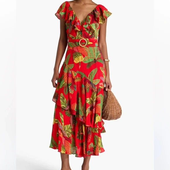 Farm Rio Belted Ruffle Crepe Red Parrot Jungle Print Midi Dress SIZE XL - Picture 1 of 9